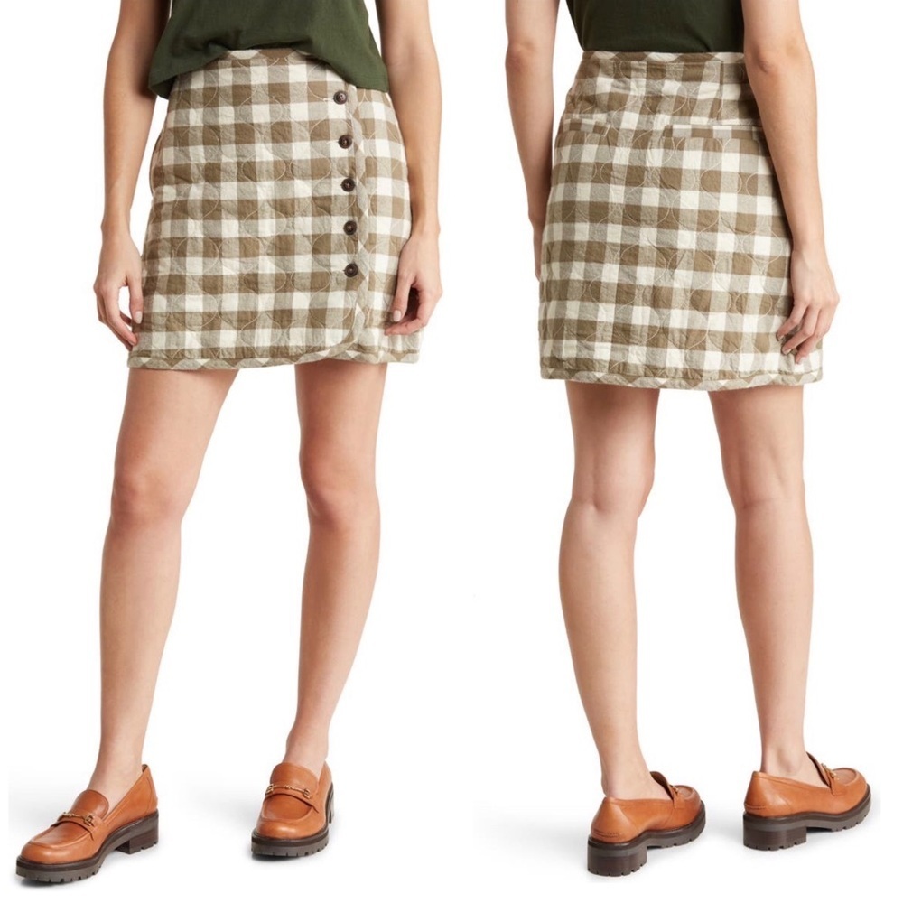 NWT Madewell Gingham Check Quilted Flannel Miniskirt Olive Green Ivory Size 14